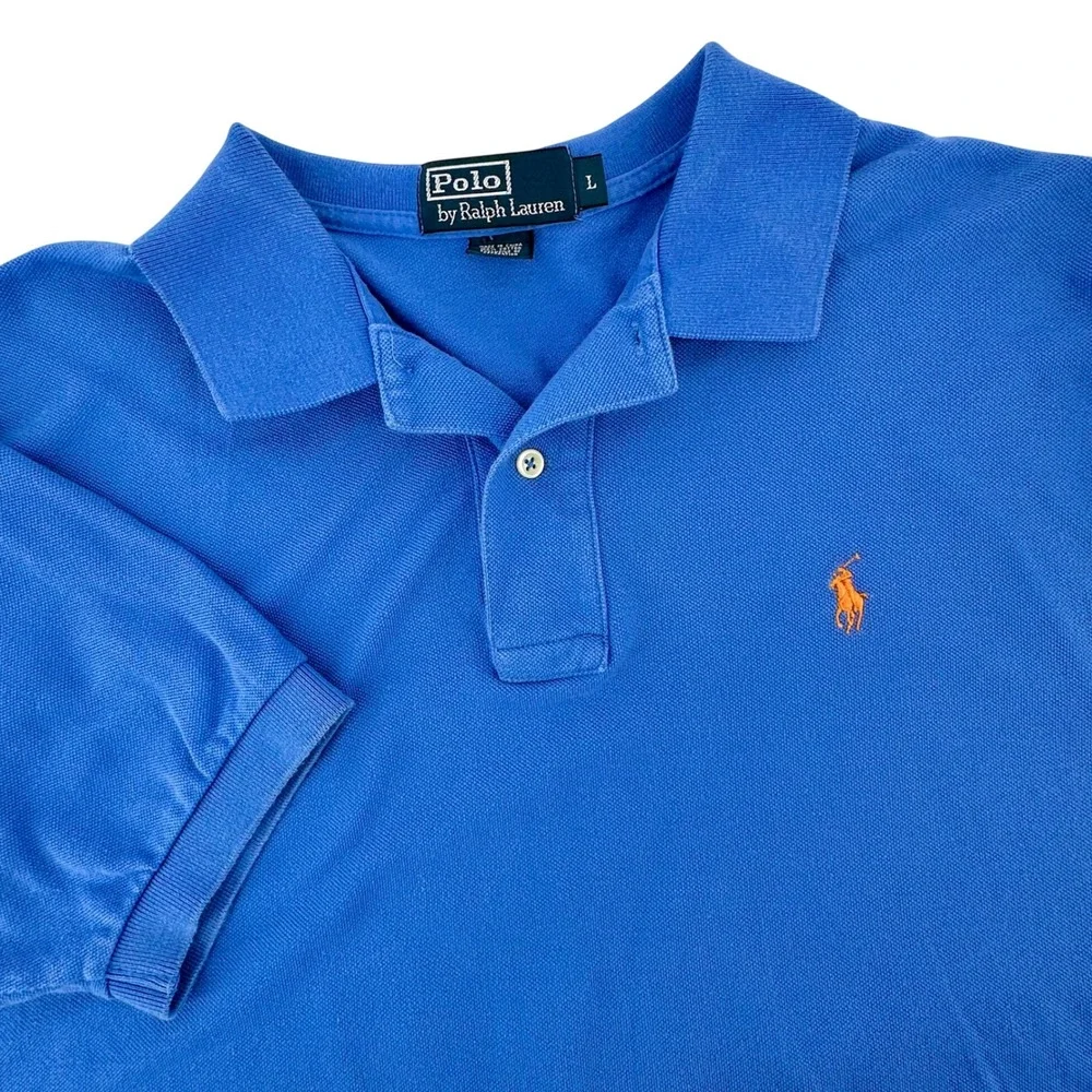 Polo Ralph Lauren Men L‎ Blue Short Sleeve Pique Cotton Polo Shirt Orange Pony